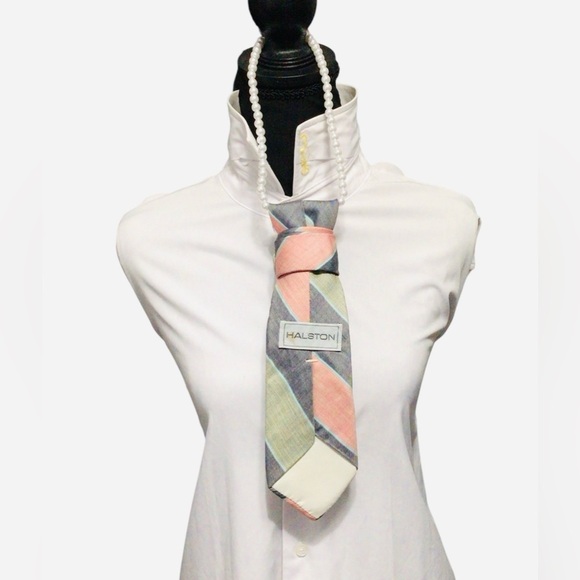 H by Halston Striped Pink, Gray, and Green Necktie Necklace with Clear Brooch - Picture 3 of 3